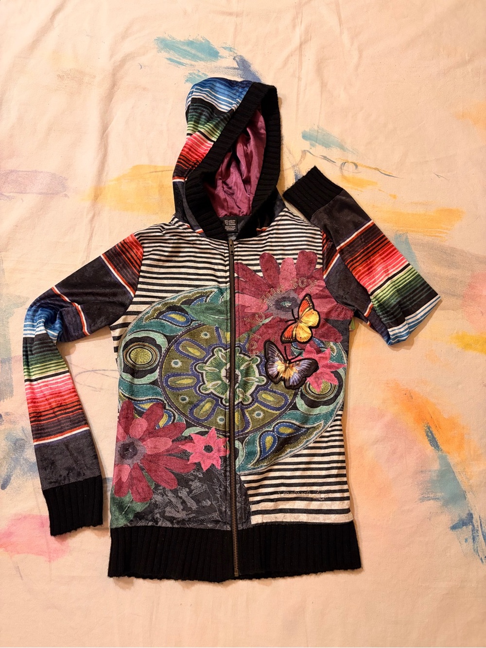 Desigual Hooded Zip Jacket with Floral & Butterfly Print